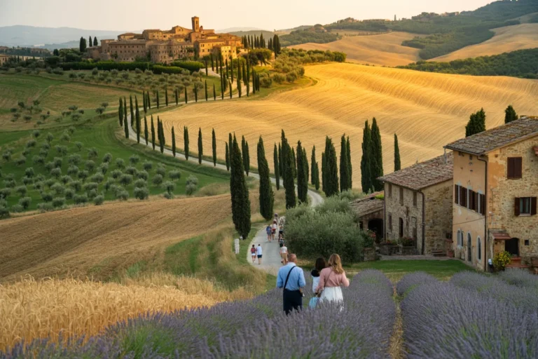 People walk along a path through a lavender field toward rustic stone houses in a Tuscan countryside.