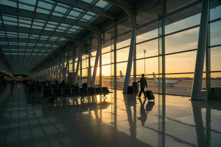Traveler with a rolling suitcase walking through a sunlit airport terminal at sunset, large glass walls and planes visible outside.