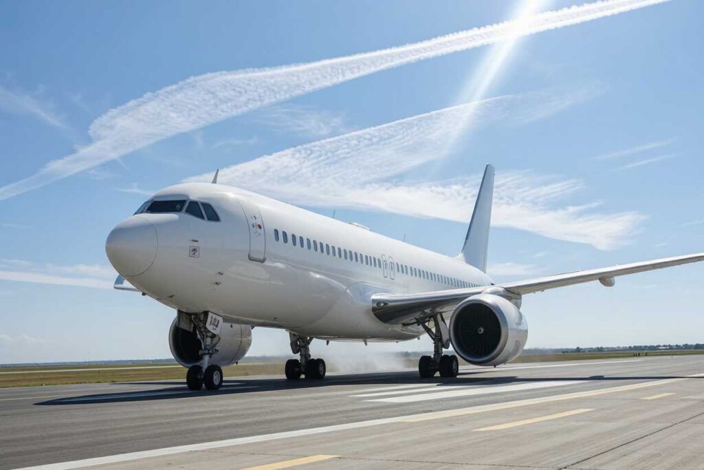 White commercial jet on a sunny runway, preparing for takeoff with contrails in the blue sky.
