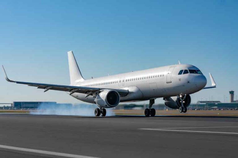 White commercial airliner on a runway with tire smoke as it speeds for takeoff.