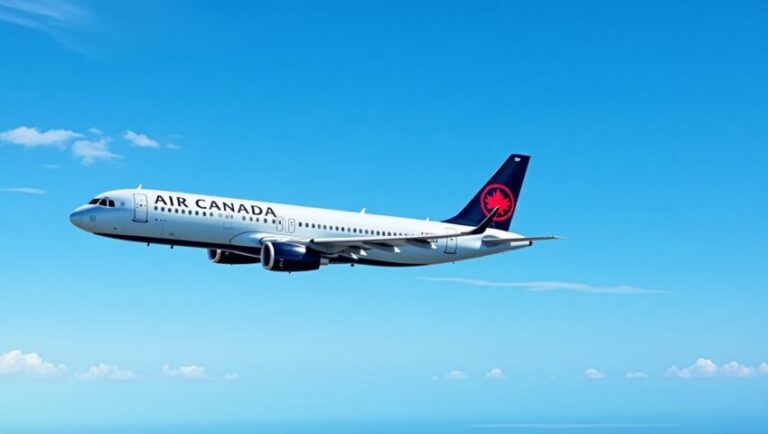 Air Canada passenger jet flying through a clear blue sky with a few white clouds