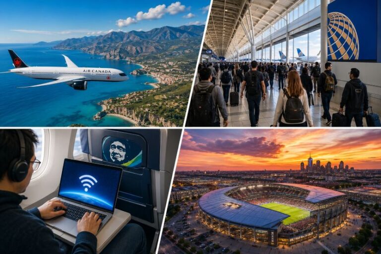 Collage of four travel scenes: an Air Canada jet flying over a rocky coastline, a busy airport terminal with travelers, a passenger using a laptop with a wifi symbol on screen, and a stadium at sunset.