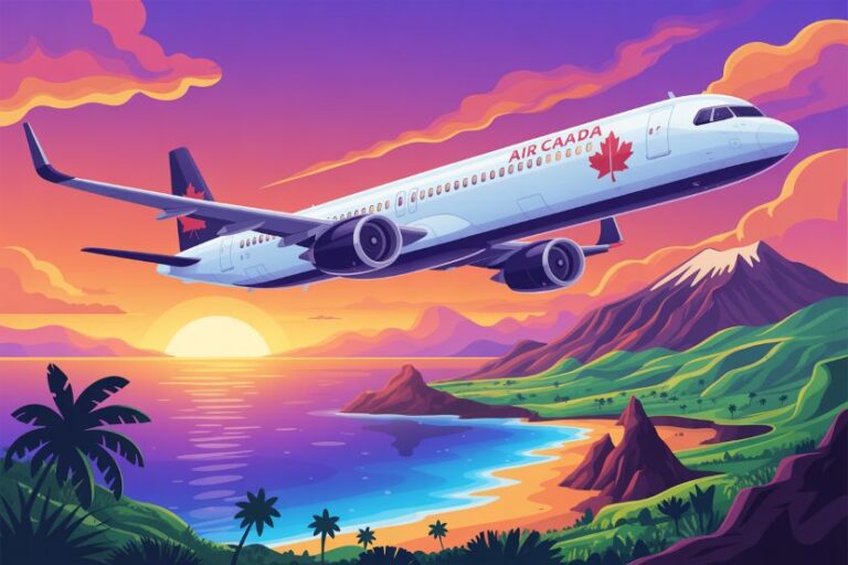 Illustration of a white Air Canada jet flying over a tropical coastline at sunset, with palm trees, mountains, and a calm ocean.