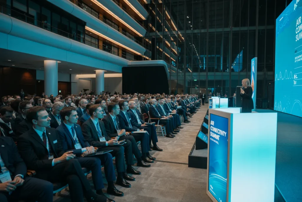 Formal conference audience listening to a speaker at a podium in a modern venue on stage, with blue lighting.