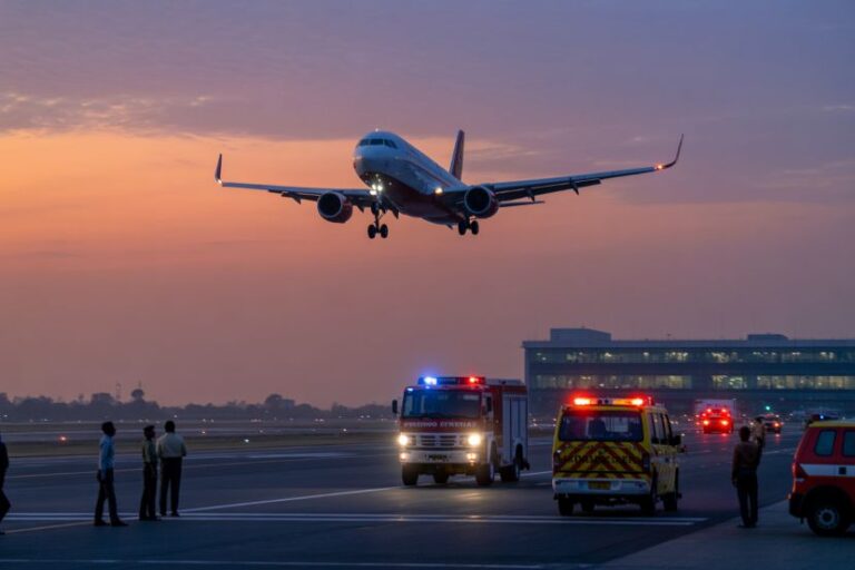 Plane descending to land on a runway at sunset while emergency vehicles with flashing lights stand nearby and spectators watch.