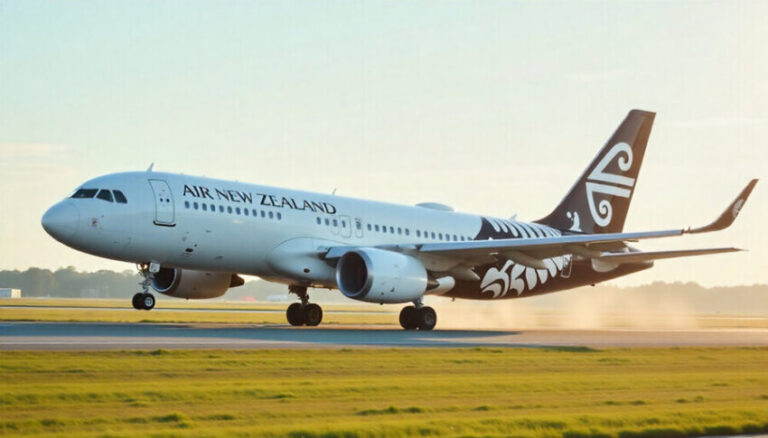 Air New Zealand passenger jet landing on a runway with a black tail featuring Māori-inspired white designs.
