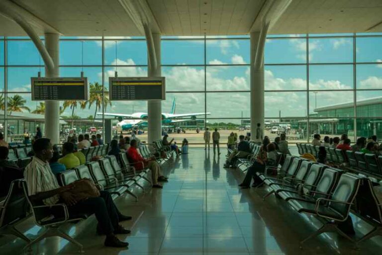 Passengers wait in a bright airport terminal with glass walls and planes on the tarmac outside.