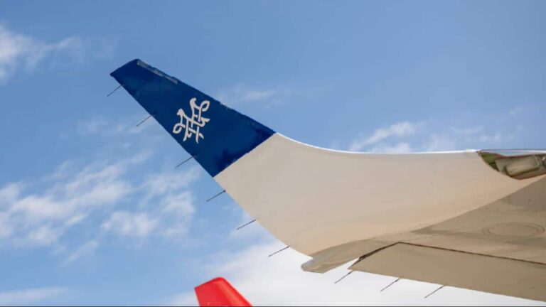 Blue airplane tail fin with white emblem against a clear blue sky (close-up).