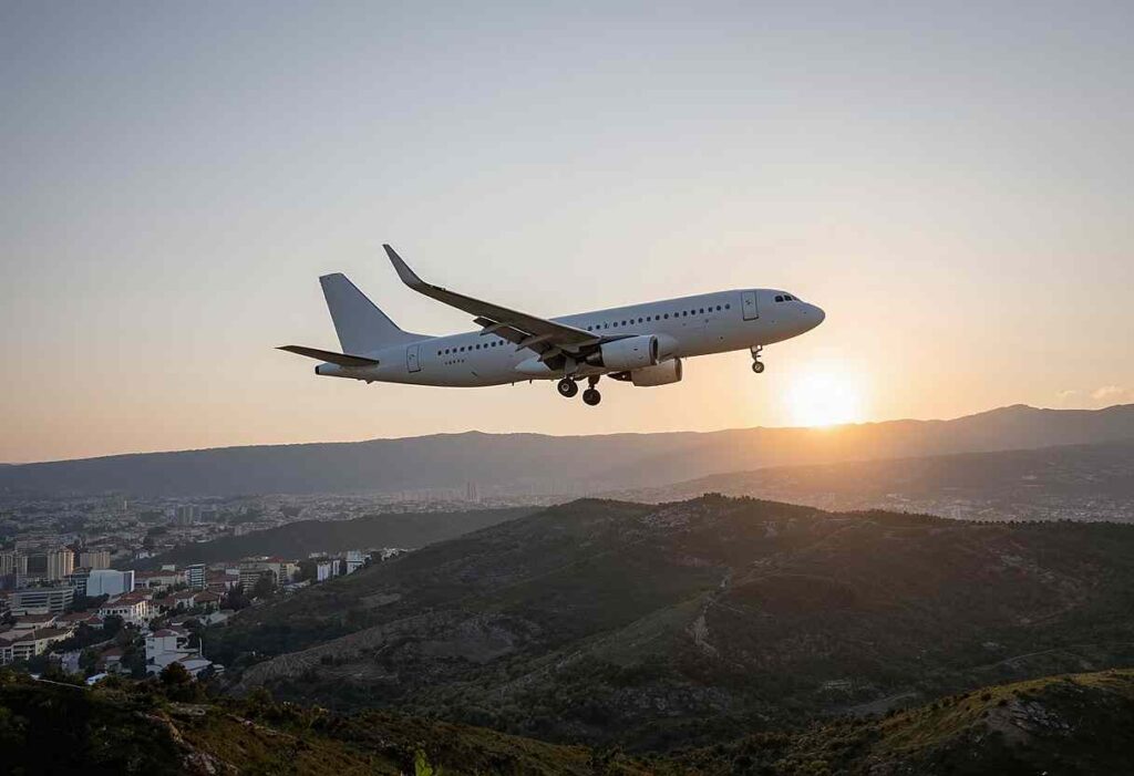 Airplane descending for landing over hills at sunset with a city below