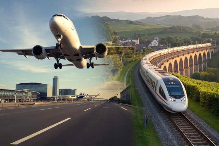 Collage showing a plane taking off from an airport runway on the left and a high-speed train on curved tracks through a green valley on the right.