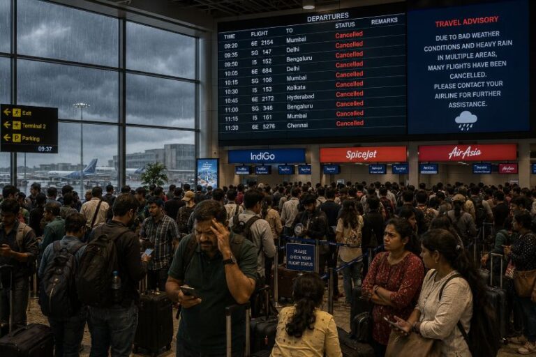 Busy airport departures area with a large digital flight board showing cancelled flights and a travel advisory panel to the right; crowds with luggage and airline counters visible (IndiGo, SpiceJet, AirAsia).