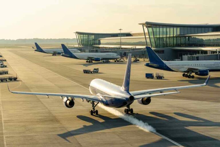 Airplane taxiing on a sunlit airport tarmac with terminal buildings in the background, several other planes nearby.