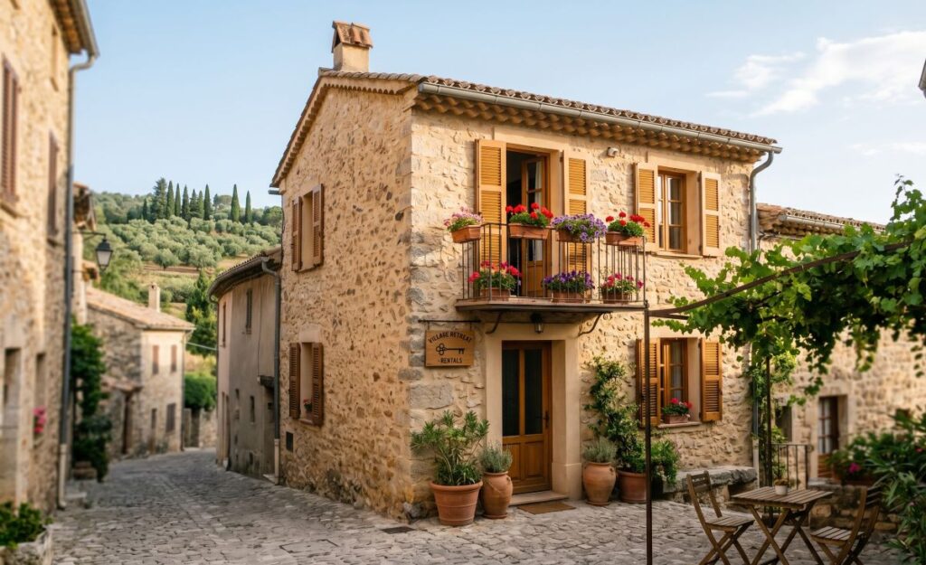 Stone village house with wooden shutters and a flower-filled balcony on a cobblestone street.