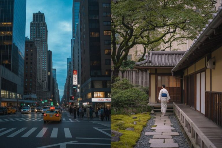 Split-image scene: busy New York street with tall buildings and taxis on a crosswalk left; tranquil Japanese garden with a person in a kimono walking toward a traditional house on the right.