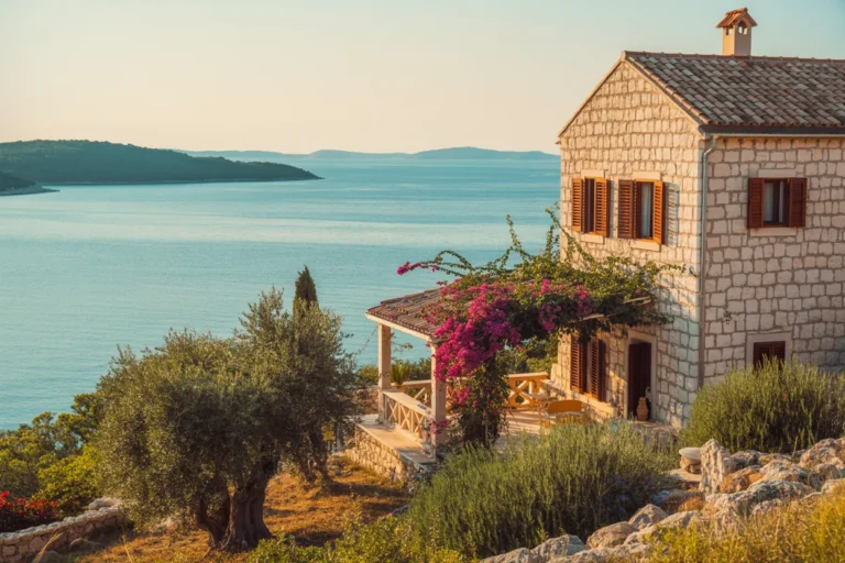 Stone cottage with wooden shutters on a rocky coast, pink bougainvillea spilling over a terrace overlooking the sea.