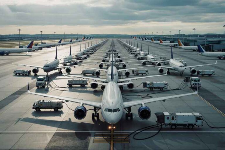 Aerial view of an airport tarmac with many parked passenger airplanes lined up at gates.