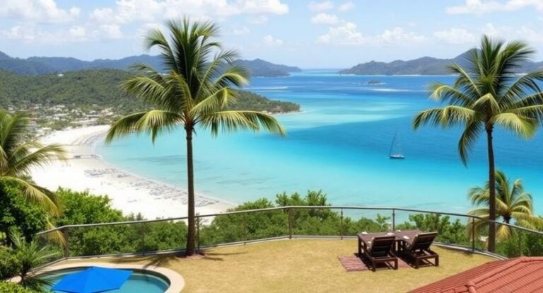 Terrace with two wooden lounge chairs overlooking a turquoise bay and white sandy beach framed by palm trees.