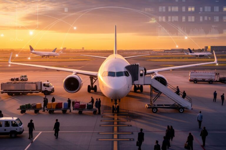 Passenger jet at the gate during sunset with boarding stairs attached and ground crew loading luggage on tarmac.