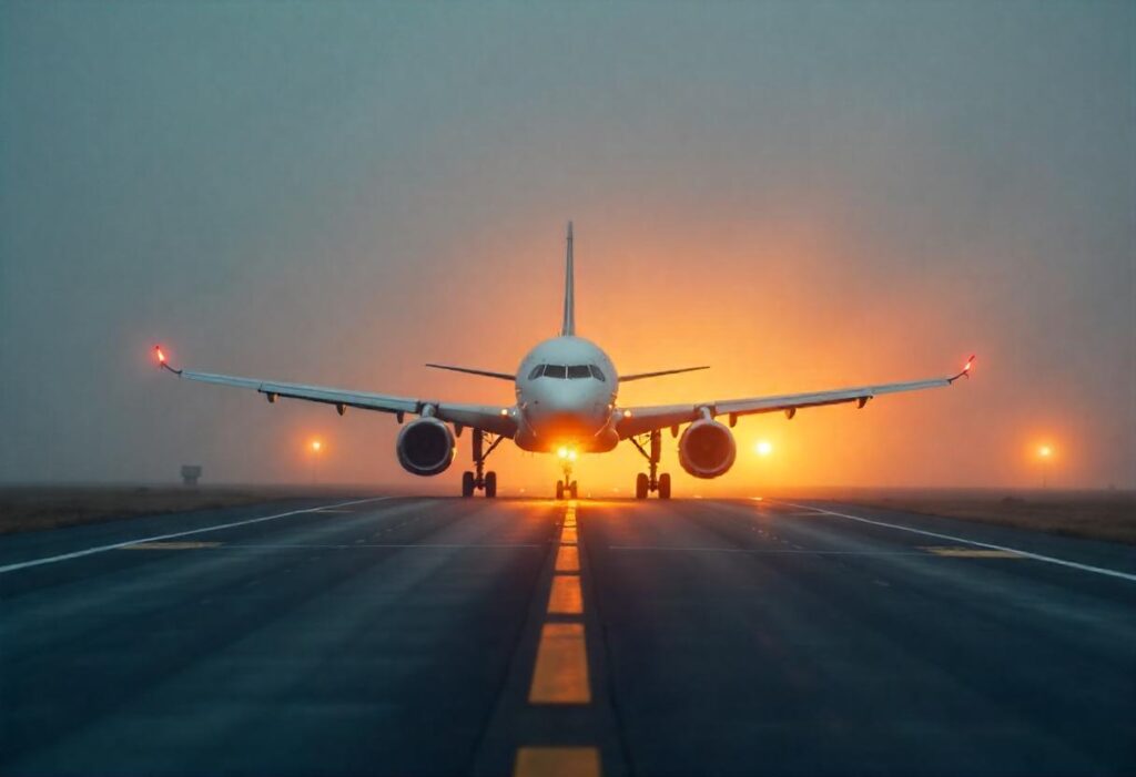 Front view of a commercial airplane on the runway, engines visible and lights glowing as sunset/smog lights the horizon behind it.