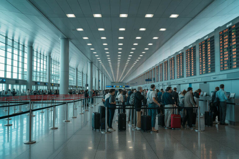 Passengers with rolling luggage line up at airport check-in counters in a bright, spacious terminal.