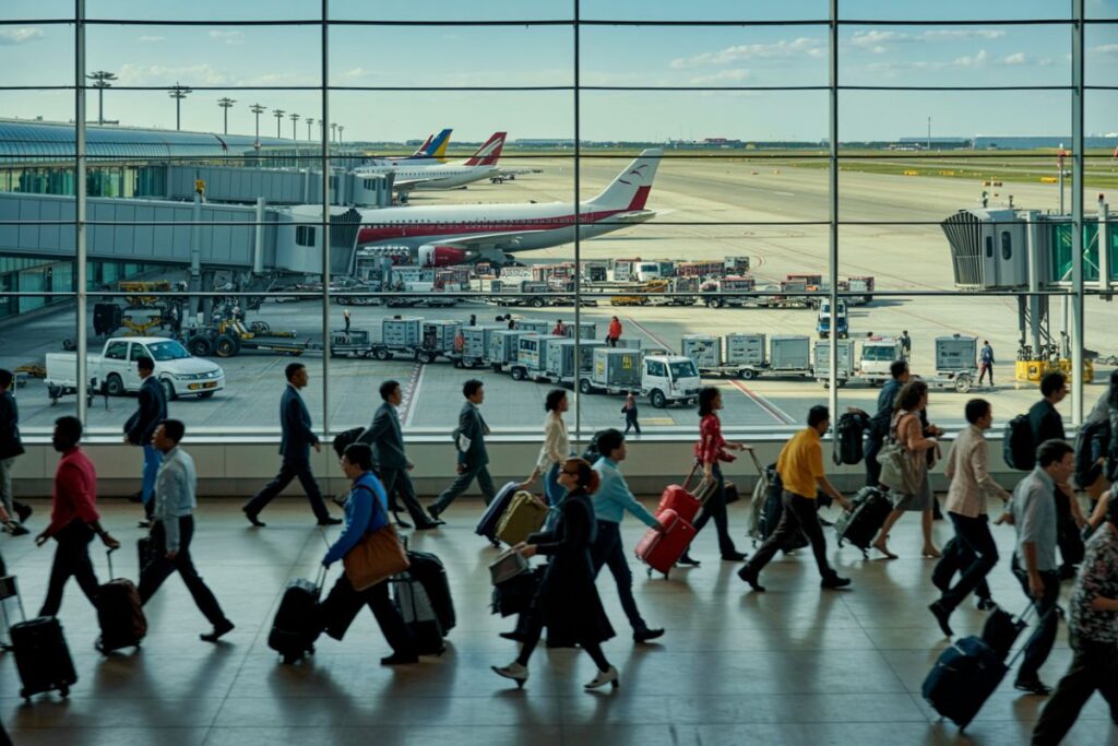 Busy airport terminal with travelers walking past with rolling suitcases toward the gate, airplanes on the tarmac outside the glass wall