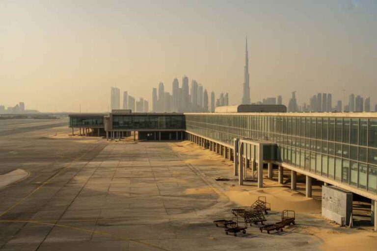 Empty airport tarmac with glass jet bridges and a distant city skyline, including the Burj Khalifa, under a hazy morning light.