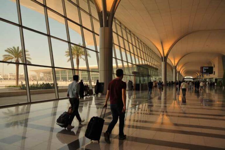 Busy airport terminal corridor with travelers pulling wheeled suitcases beside large glass walls and palm trees outside.