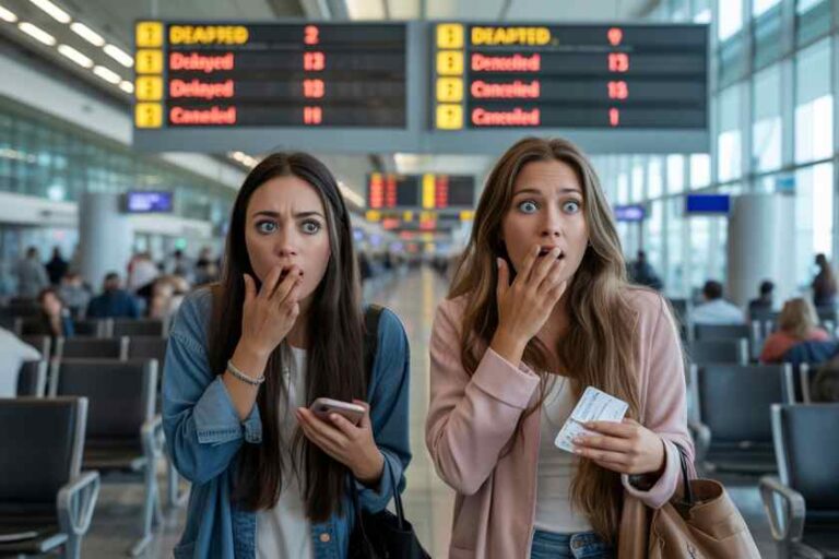 Two young women in an airport terminal cover their mouths in shock, with flight information boards behind them."