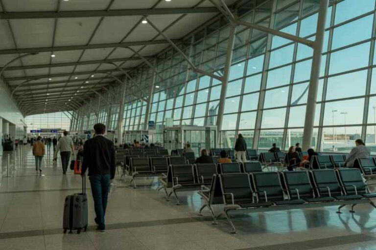 Spacious airport terminal with rows of gray seats, glass walls, and travelers waiting or walking with luggage.