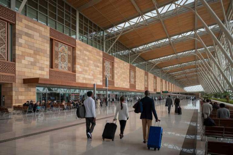 Passengers with rolling suitcases walk through a spacious modern airport terminal with brick walls and decorative panels.
