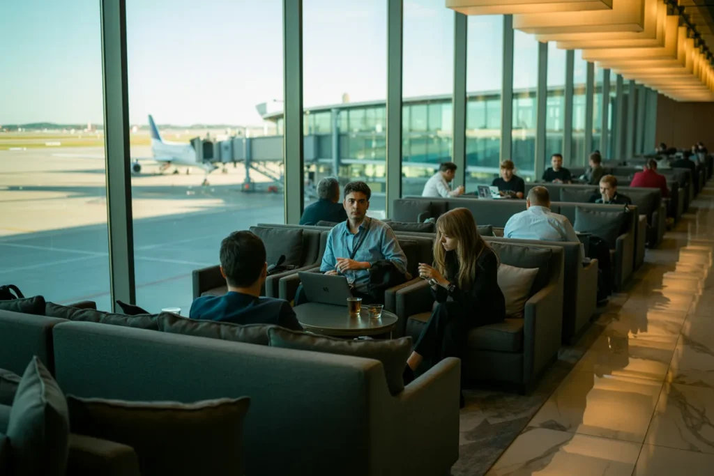 People sit on lounge sofas in an airport lounge by large windows, some with laptops and drinks, an aircraft visible outside.