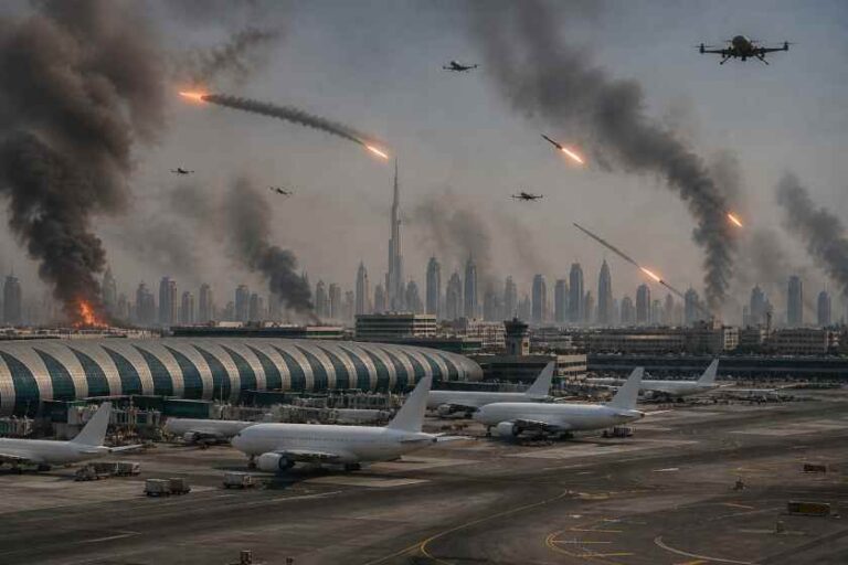 Airplanes parked at a terminal with a skyline in the distance as missiles fly and smoke fills the sky, suggesting an aerial attack at an airport.