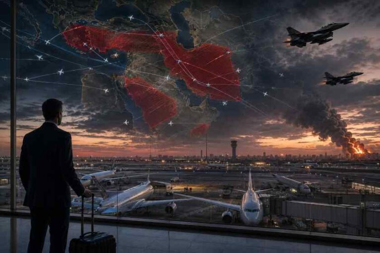 Businessman with a wheeled suitcase watches a glowing Africa flight-route map projected over an airport at sunset with planes in the scene.