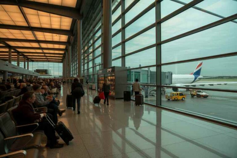 Busy airport terminal with passengers seated and waiting, large glass walls show a parked airplane outside.