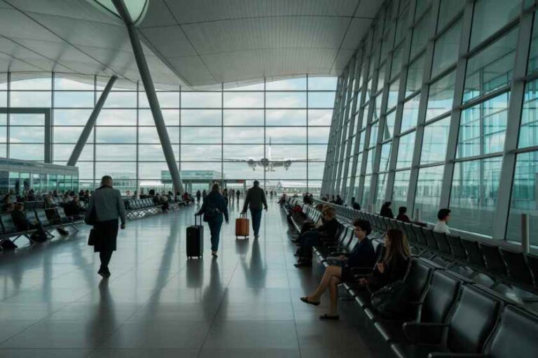 Passengers with rolling suitcases walk through a bright, glass-walled airport terminal concourse as travelers sit in rows of seats along the sides and a plane is visible on the tarmac outside.