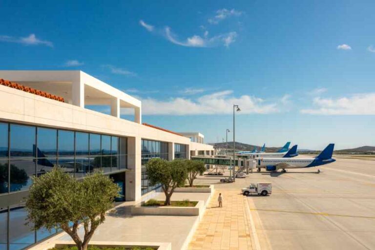 Modern airport terminal with glass walls and planes at gates on a sunny day.