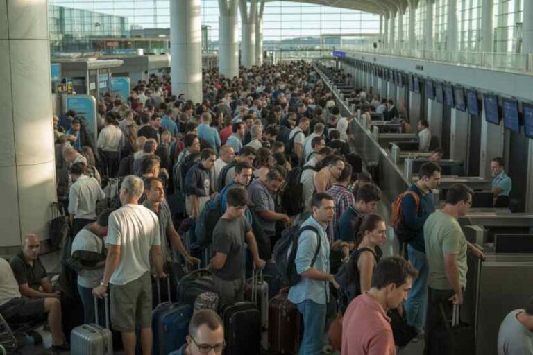 Passengers line up with rolling luggage at a crowded airport security checkpoint, awaiting screening.