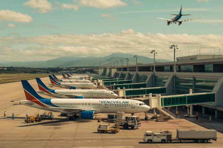 Row of airplanes parked at a gate with jet bridges, a plane taking off in the distance and mountains in the background.