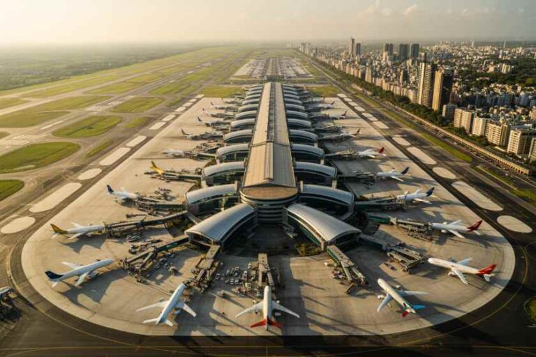 Aerial view of a large airport terminal with many jet bridges and airplanes parked around a circular concourse, city buildings in the distance.
