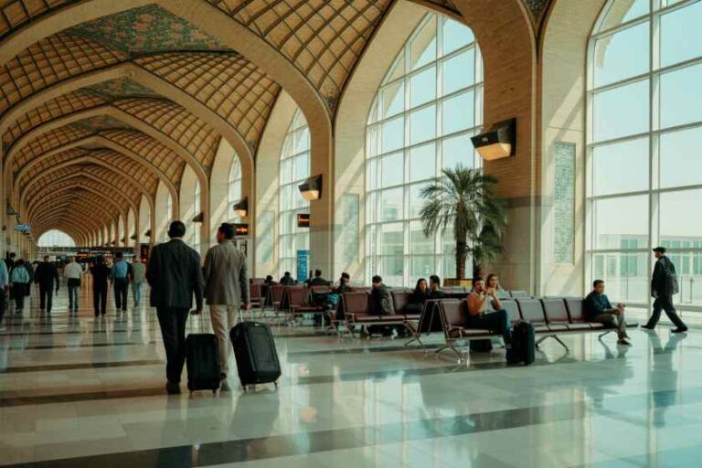Busy airport terminal with a high wooden arched ceiling, large glass walls, and passengers sitting with luggage.