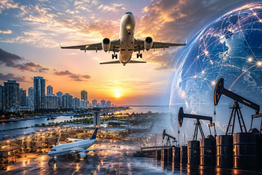 Airplane taking off over a sunlit airport with a city skyline at sunset and a glowing globe of energy connections on the right beside oil pumps.