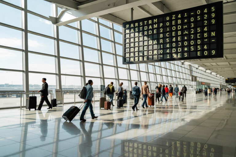 Travelers with rolling suitcases walking through a bright airport terminal under a large departure board.