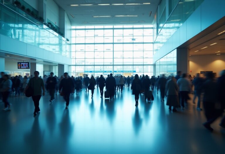 Crowded modern airport terminal with travelers walking toward the glass-fronted concourse under blue lighting