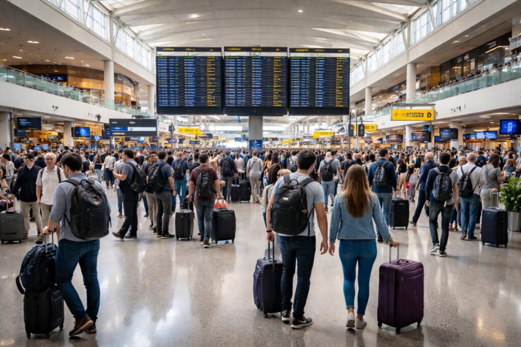 Crowded airport terminal with travelers standing in line and pulling rolling suitcases beneath large flight information boards.