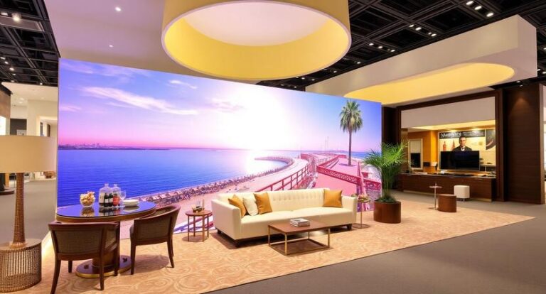 Modern showroom lounge with a beach mural, white sofa, and circular pendant lights