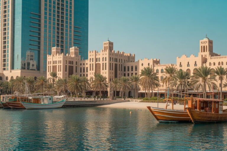Waterfront harbor with traditional wooden boats, palm trees, and beige Middle Eastern–style buildings beside a modern glass skyscraper in the background.
