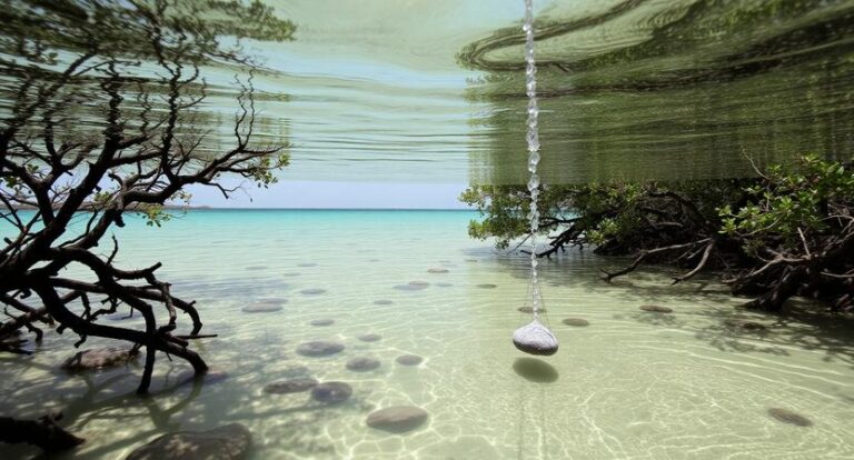 Clear shallow turquoise water in a mangrove cove, with round stones on the sandy bottom and roots framing the scene.