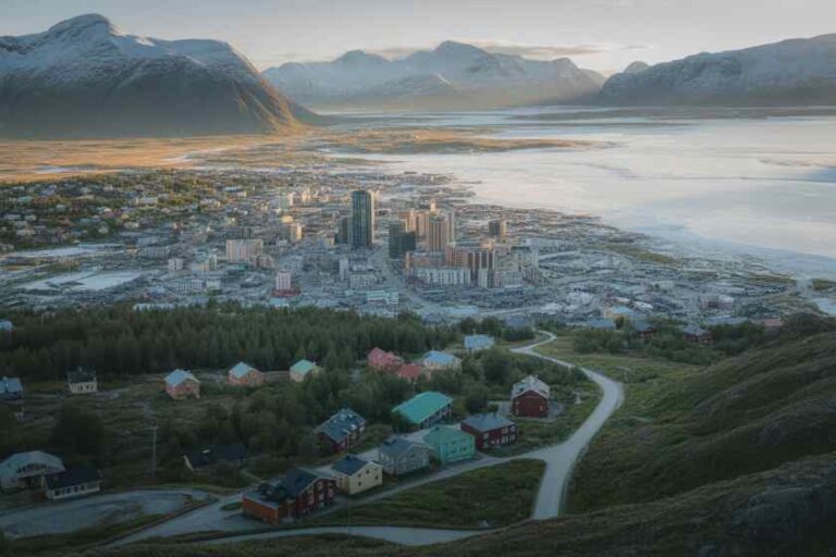 Colorful hillside houses winding toward a coastal city by the water, with snow-capped mountains in the distance.”,