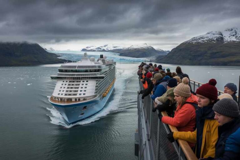 Large cruise ship sails through a fjord with snow-capped mountains; passengers lean over the railing to watch far ahead in the water.
