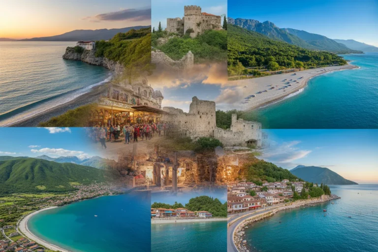 Collage of coastal scenery with beaches, castles, and hillside villages from multiple locations, conveying a travel theme.